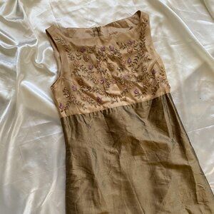 Vintage 1990s 100% Silk Champagne Floral Beaded Gown Fairy Prom XS